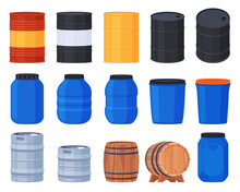 Different Types Of Barrels. Storage Of Liquid Types Of Substances. Barrels For Alcohol, Water And Chemical Toxic Substances. Vector Illustration