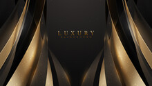 Black Luxury Background With Golden Curve Elements And Glitter Light Effect Decoration.