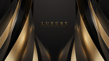 Wall Mural - Black luxury background with golden curve elements and glitter light effect decoration.