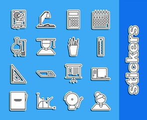 Sticker - Set line Teacher, Ruler, Calculator, Graduate graduation cap, Test tube flask chemical laboratory test, Board graph chart and Pencil case stationery icon. Vector