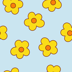Poster - Cute abstract seamless pattern with yellow groovy  daisies on a blue background.  Minimalistic simple trendy kids design. Vector cartoon illustration