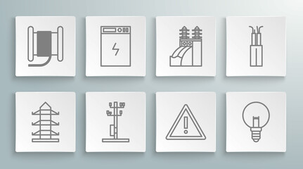 Poster - Set line High voltage power pole line, Power bank, Exclamation mark triangle, Light bulb, Nuclear plant, Electric cable and Wire electric reel or drum icon. Vector