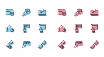 Set line Chain link and coin, Buy button, Online shopping screen, Hand holding and Cursor icon. Vector