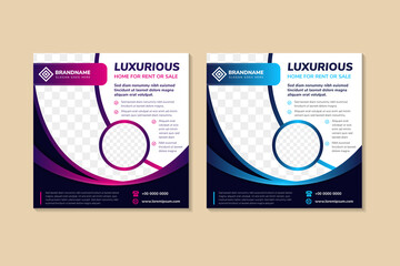 Poster - set of social media post banner design. Headline is luxurious home for sale or rent. Space of photo collage and text. Advertising banner with square layout background. blue and purple curve element.