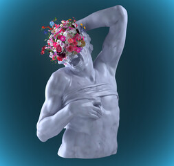 Abstract dark art concept illustration from 3D rendering of white marble classical male torso sculpture screaming skull head with colorful flowers burst face isolated on dark blue background.