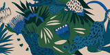 Hand drawn abstract jungle pattern with leopards. Ethnic style collage contemporary seamless pattern. Fashionable template for design.