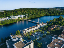 Aerial View Of Campus Area With Ylistö Bridge Over River To In Jyväskylä, Finland.
