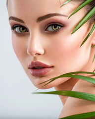 Wall Mural - young beautiful woman with healthy skin of face and palm leaves. closeup fresh face of an attractive