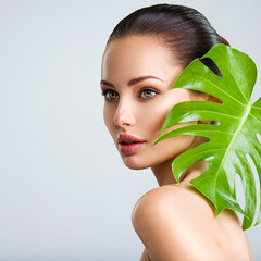 Wall Mural - beautiful woman with green leave near face and body. closeup girl's face with green leave. skin care