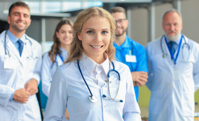 Female doctor with group of happy successful colleagues.