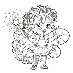 Sticker - Cute little longhaired fairy girl in wreath with a Magic wand outlined isolated on white background