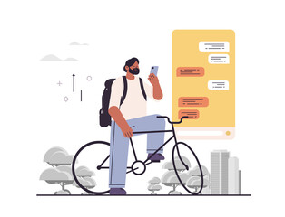 Poster - man cyclist chatting on digital screen guy using chat app on smartphone social media network online 