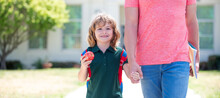 Banner Of Child Back To School, Happy Child With Apple Hold Cropped Fathers Hand Or Teacher Coming Back From School, Childhood