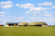 © olrat - General view of a biogas plant with three digesters in a green wheat field in the countryside under a blue sky with white clouds.