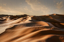 Panorama Of Sand Dunes Sahara Desert At Sunset. Endless Dunes Of Yellow Sand. Desert Landscape Waves Sand Nature, 3d Illustration.