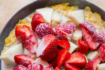 Sticker - Cornflakes with oat milk and fruit - apple, pear and strawberries 