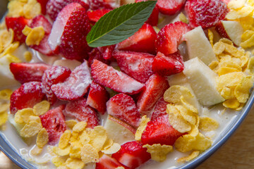 Sticker - Cornflakes with oat milk and fruit - apple, pear and strawberries decorated with mint leaf