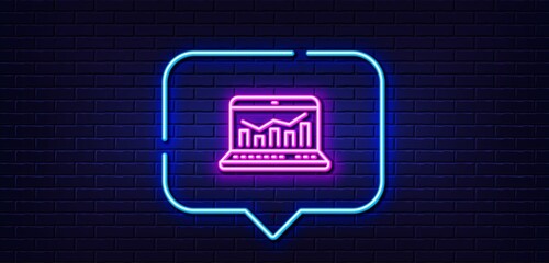 Poster - Neon light speech bubble. Marketing statistics line icon. Web analytics symbol. Laptop or Notebook sign. Neon light background. Web analytics glow line. Brick wall banner. Vector