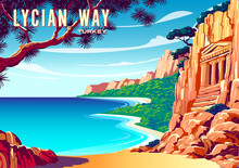 Mediterranean Landscape With Pine Trees, Ancient Ruins, Cliffs, Mountains And The Sea In The Background. Handmade Drawing Vector Illustration. Retro Travel Poster Of The Lycian Way.