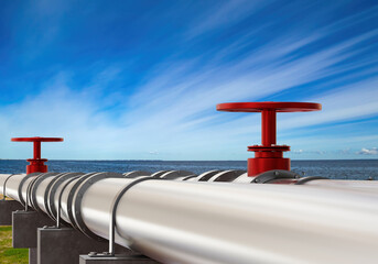 Poster - offshore pipeline. gas pipe next to sea shore. concept of laying pipes on ocean floor. steel gas pip