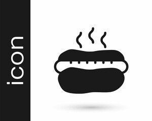 Sticker - Black Hotdog sandwich with mustard icon isolated on white background. Sausage icon. Fast food sign. Vector