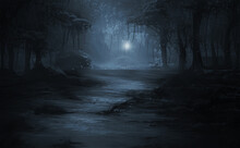 Gloomy Dark Night Misty Forest. Night Landscape And Forest, Moonlight, Trees, River In The Forest. 3D Illustration