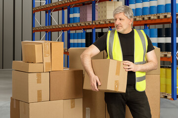 Poster - Human stands in front card boxes. Guy is wearing yellow vest.  Concept businessman works in warehouse.