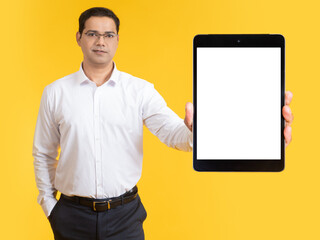 Poster - Tablet mockup. Man with big gadget. Template for your ads. Young guy demonstrates tablet. Tablet computer with blank white screen.