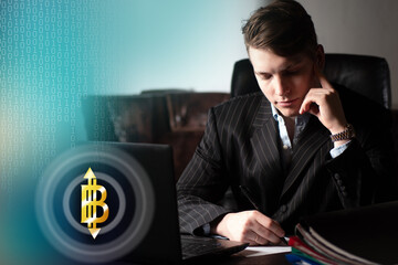 Aufkleber - bitcoin exchange concept. man is engaged in bitcoin exchange. bitcoin logo is on his laptop. young i