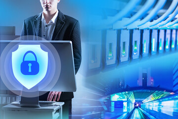 Poster - Human cybersecurity specialist. Datacenter security system. IT infrastructure development. Data center protection from leakage. Icon of protection in front of man with computer. Network wires near