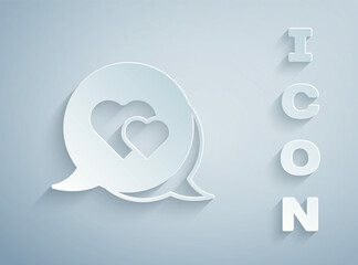 Poster - Paper cut Heart in speech bubble icon isolated on grey background. Happy Valentines day. Paper art style. Vector