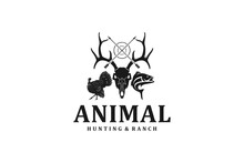 Animal Deer Turkey Fish Logo Design Silhouette Bow Archer Arrow Skull Head Antler Horns Vector