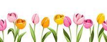 Horizontal Seamless Border With Pink, Orange, And Yellow Tulip Flowers. Vector Illustration