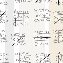 Hand Drawn Tic Tac Toe Game Seamless Patterns On White With Pastel Background. X-O Children Game.