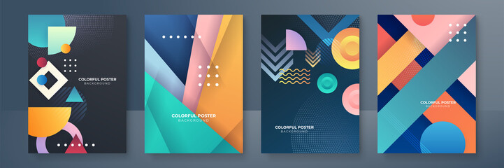 Creative colorful covers or posters set in trendy minimal gradient geometric style for background, corporate identity, branding, social media advertising, promo. Modern template with dynamic shapes