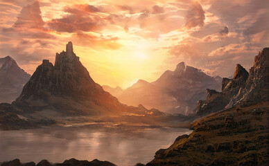 Wall Mural - fantasy mountain landscape with sunset. foggy sunset, mountains, mountain river, gorge. abstract fan