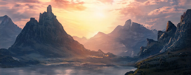 Wall Mural - fantasy mountain landscape with sunset. foggy sunset, mountains, mountain river, gorge. abstract fan