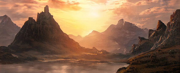 Wall Mural - fantasy mountain landscape with sunset. foggy sunset, mountains, mountain river, gorge. abstract fan