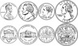Set of obvers and revers of American money, one, five, ten and twenty five cent coins, black and white
