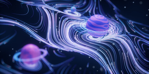 Poster - Outer space planet with wave pattern background, 3d rendering.