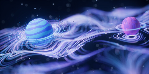 Poster - Outer space planet with wave pattern background, 3d rendering.