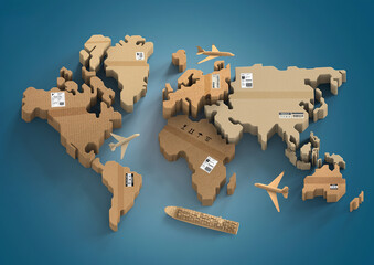 Carton world map. Global logistics, shipping and worldwide delivery business, 3d illustration