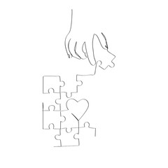 Wall Mural - continuous line art drawing of hand holding puzzle piece