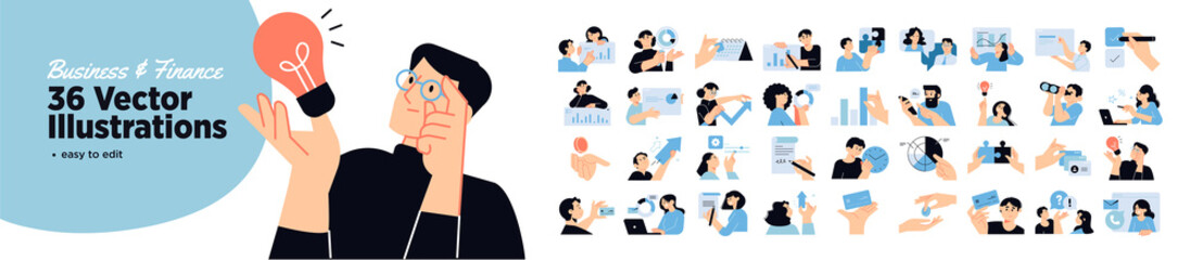 Wall Mural - Set of business and finance people illustrations. Flat design vector illustrations of business, management, payment, market research and data analysis, communication. 