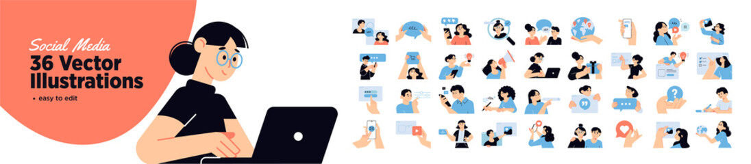 Wall Mural - Set of social media people illustrations. Flat design vector illustrations of social network, digital marketing, online communication, internet services. 