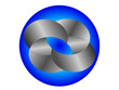 Grafika wektorowa będąca projektem logo, znaku firmowego. Jest to trójwymiarowy obiekt złożony z czterech pętli, umieszczony na niebieskim tle. 
