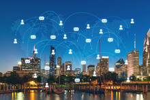 Downtown Skyscrapers City View, Chicago Skyline Panorama, Lake Michigan, Harbor Area, Night Time, Illinois, USA. Social Media Hologram. Concept Of Networking And Establishing New People Connections