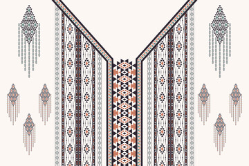 Vector ethnic aztec geometric V-shape neckline pattern. Tribal art brown-green color design.