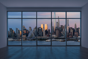 Midtown New York City Manhattan Skyline Buildings from High Rise Window. Beautiful Expensive Real Estate. Empty room Interior Skyscrapers View Cityscape. Sunset West Side. 3d rendering.