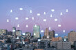 Panoramic cityscape view of San Francisco Nob hill area, sunset, midtown skyline, California, United States. Social media hologram. Concept of networking and establishing new people connections